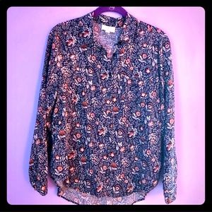 LOFT-NAVY BLUE BLOUSE W/RUST COLORED FLOWERS